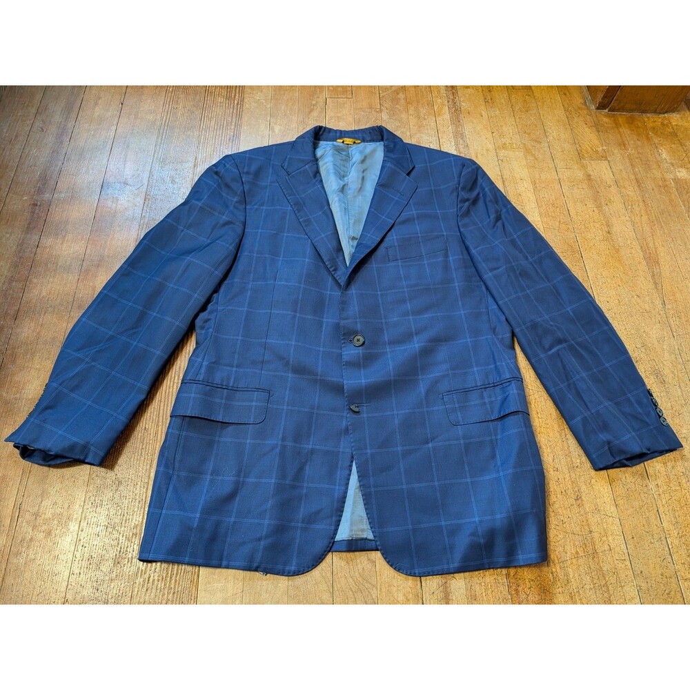 Hickey Freeman Men's Suit Blazer Blue Plaid 100% Wool Notch Lapel Sz 44 Regular